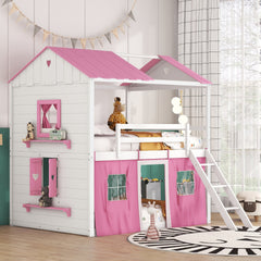 Full Size Bunk Wood House Bed with Elegant Windows, Sills and Tent,  Pink+White