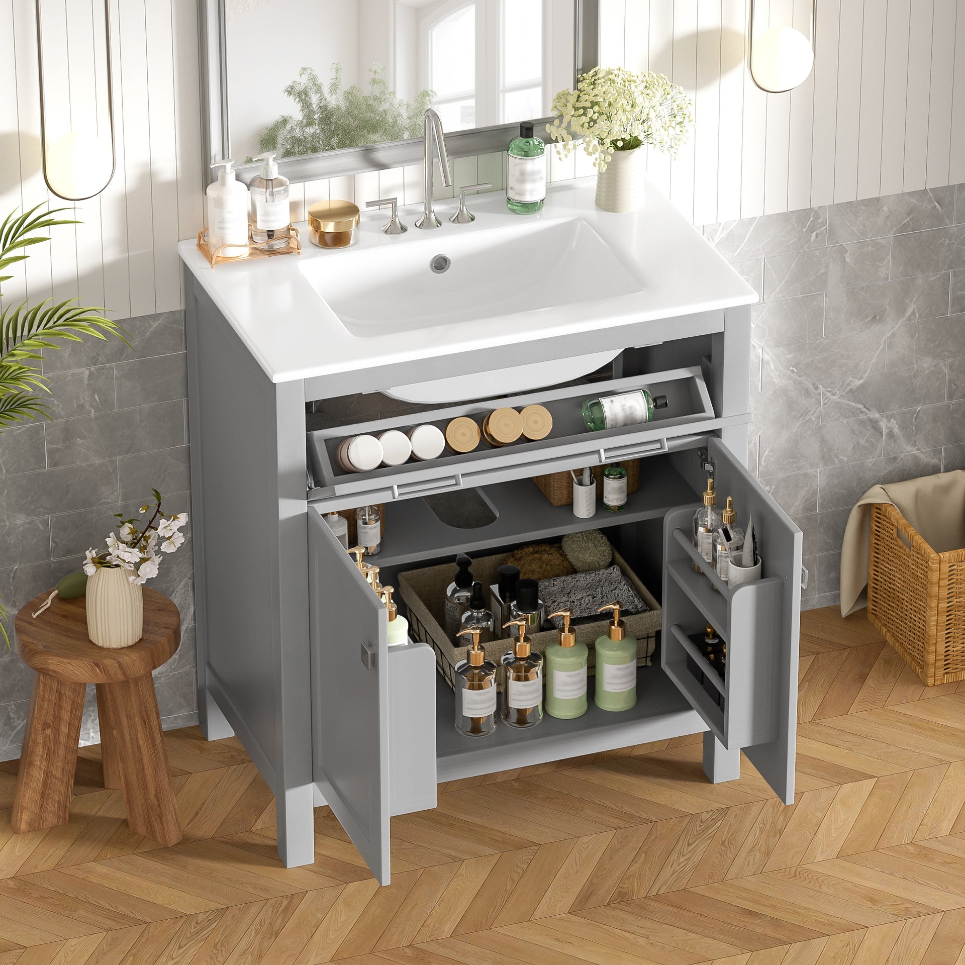30" Bathroom Vanity with Ceramic Sink, Modern Gray Single Bathroom Cabinet with 2 Doors and a Shelf, Soft Close Doors
