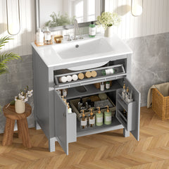 30" Bathroom Vanity with Ceramic Sink, Modern Gray Single Bathroom Cabinet with 2 Doors and a Shelf, Soft Close Doors