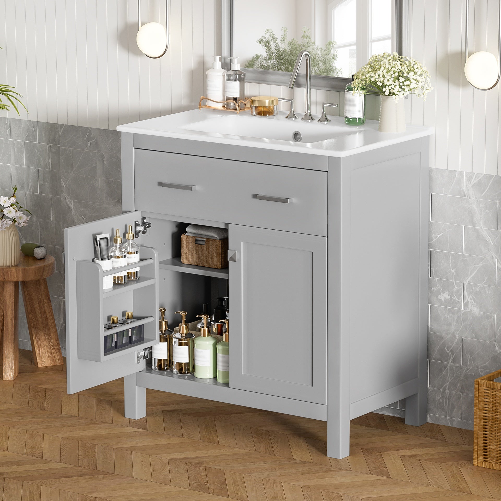 30" Bathroom Vanity with Ceramic Sink, Modern Gray Single Bathroom Cabinet with 2 Doors and a Shelf, Soft Close Doors