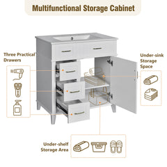 30-Inch Bathroom Vanity with Ceramic Sink, Adjustable Shelf, Soft Close Door, and Three Soft Close Drawers