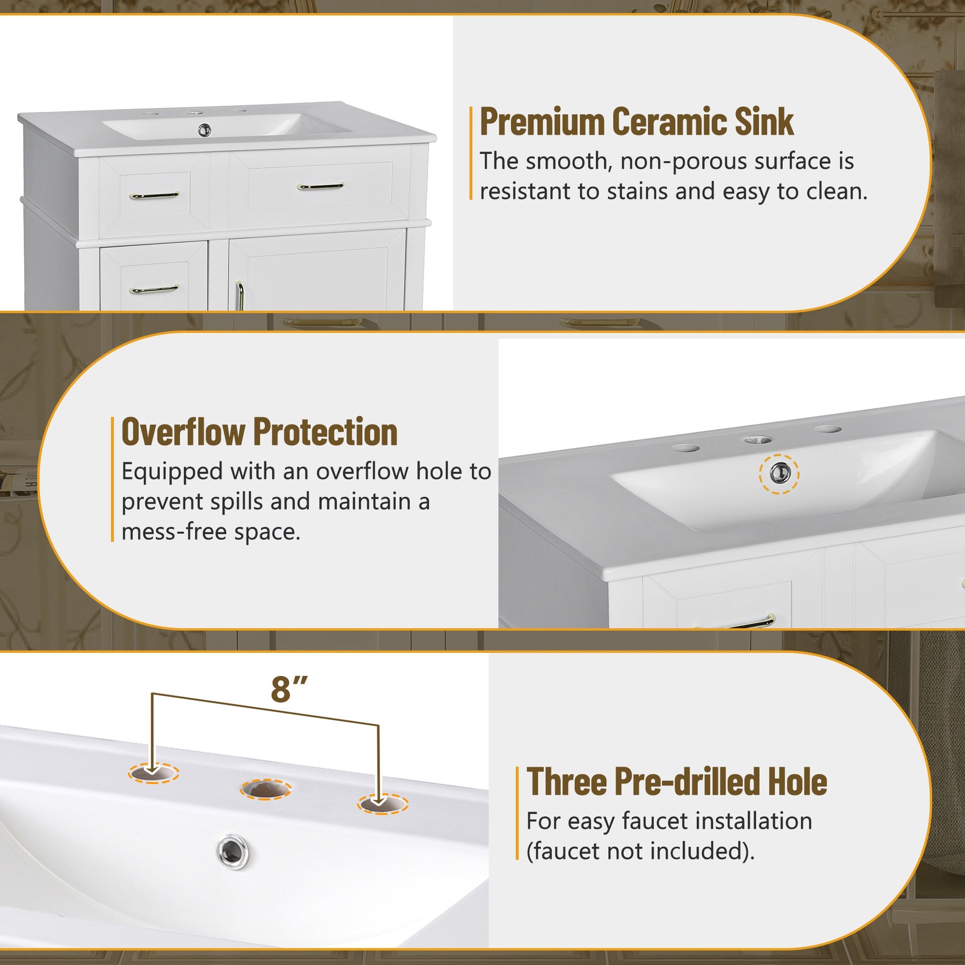 30-Inch Bathroom Vanity with Ceramic Sink, Adjustable Shelf, Soft Close Door, and Three Soft Close Drawers