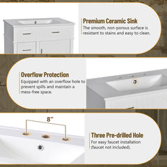 30-Inch Bathroom Vanity with Ceramic Sink, Adjustable Shelf, Soft Close Door, and Three Soft Close Drawers