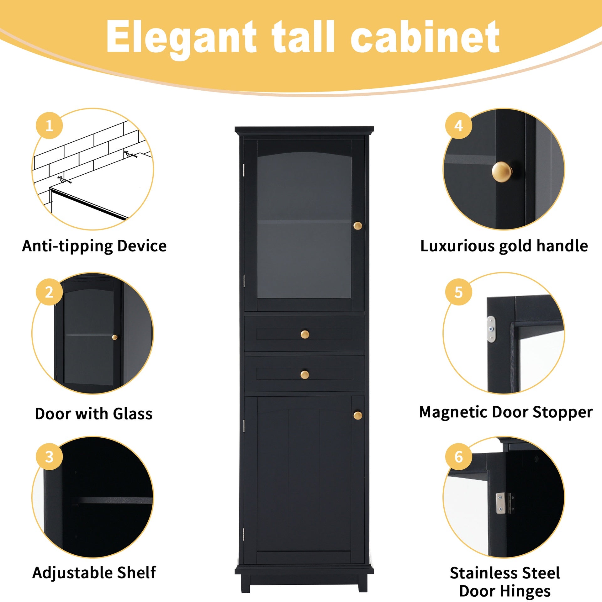 63" Tall Bathroom Storage Cabinet with Glass Doors, Free-Standing, Two Drawers, and Adjustable Shelves, MDF Board, Painted Black - Perfect for Displaying Your Favorite Items