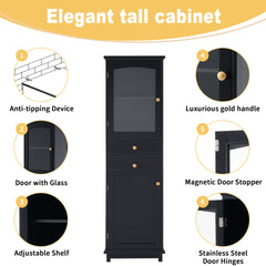 63" Tall Bathroom Storage Cabinet with Glass Doors, Free-Standing, Two Drawers, and Adjustable Shelves, MDF Board, Painted Black - Perfect for Displaying Your Favorite Items