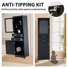 63" Tall Bathroom Storage Cabinet with Glass Doors, Free-Standing, Two Drawers, and Adjustable Shelves, MDF Board, Painted Black - Perfect for Displaying Your Favorite Items
