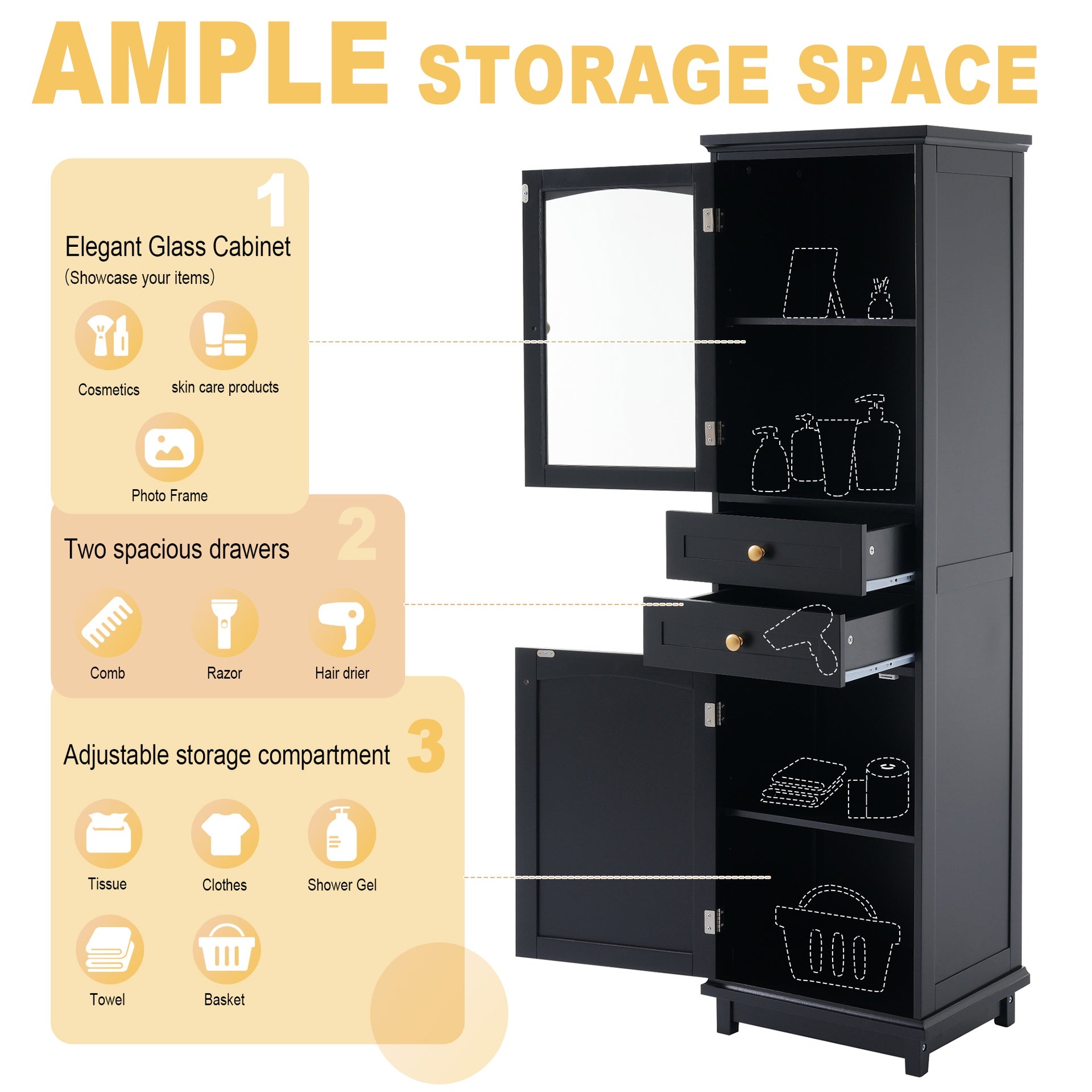 63" Tall Bathroom Storage Cabinet with Glass Doors, Free-Standing, Two Drawers, and Adjustable Shelves, MDF Board, Painted Black - Perfect for Displaying Your Favorite Items