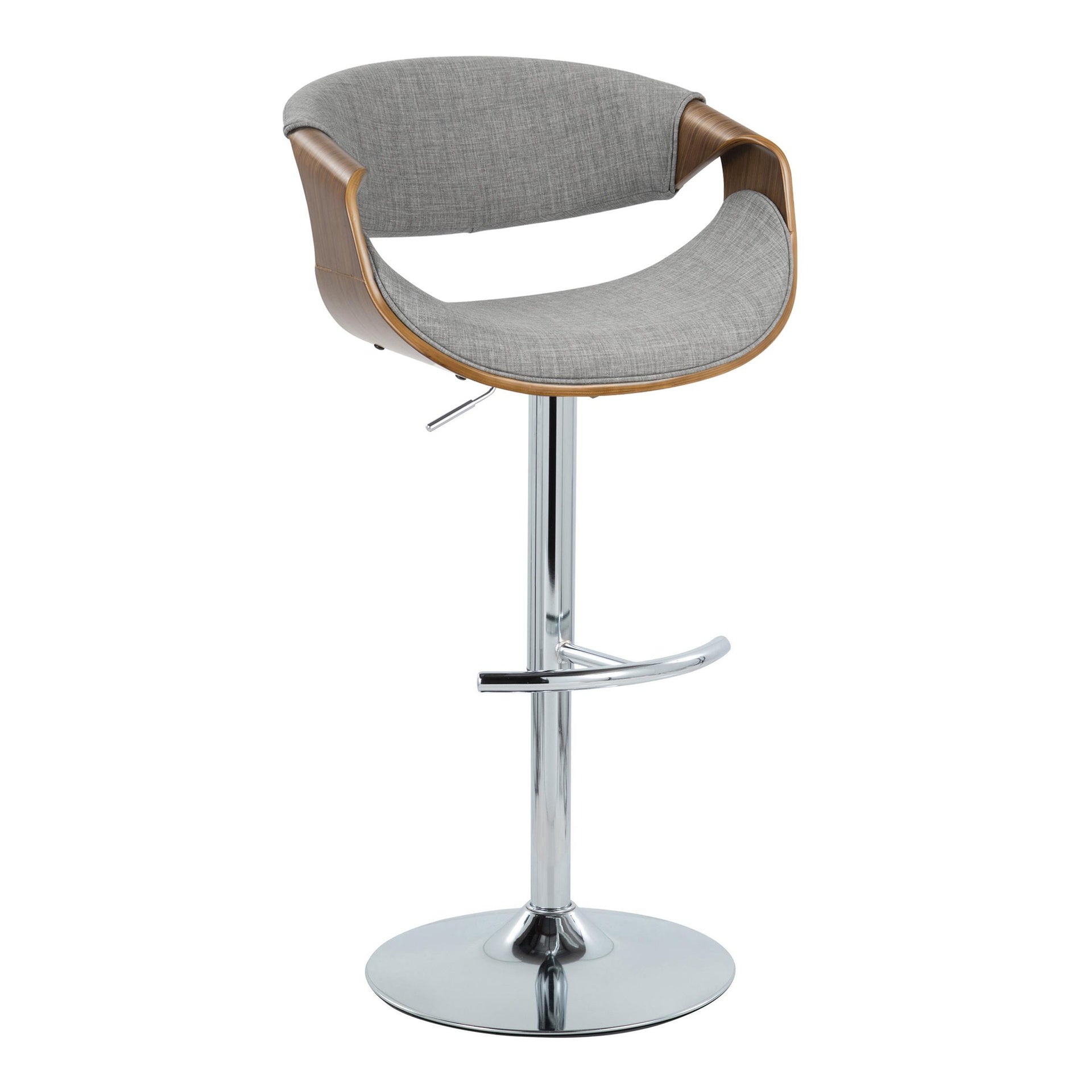 Curvo Mid-Century Modern Adjustable Barstool with Swivel in Chrome Metal, Walnut Wood and Light Grey Fabric with Rounded T Footrest by LumiSource - Set of 2