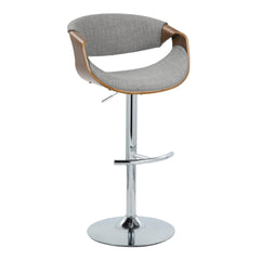 Curvo Mid-Century Modern Adjustable Barstool with Swivel in Chrome Metal, Walnut Wood and Light Grey Fabric with Rounded T Footrest by LumiSource - Set of 2