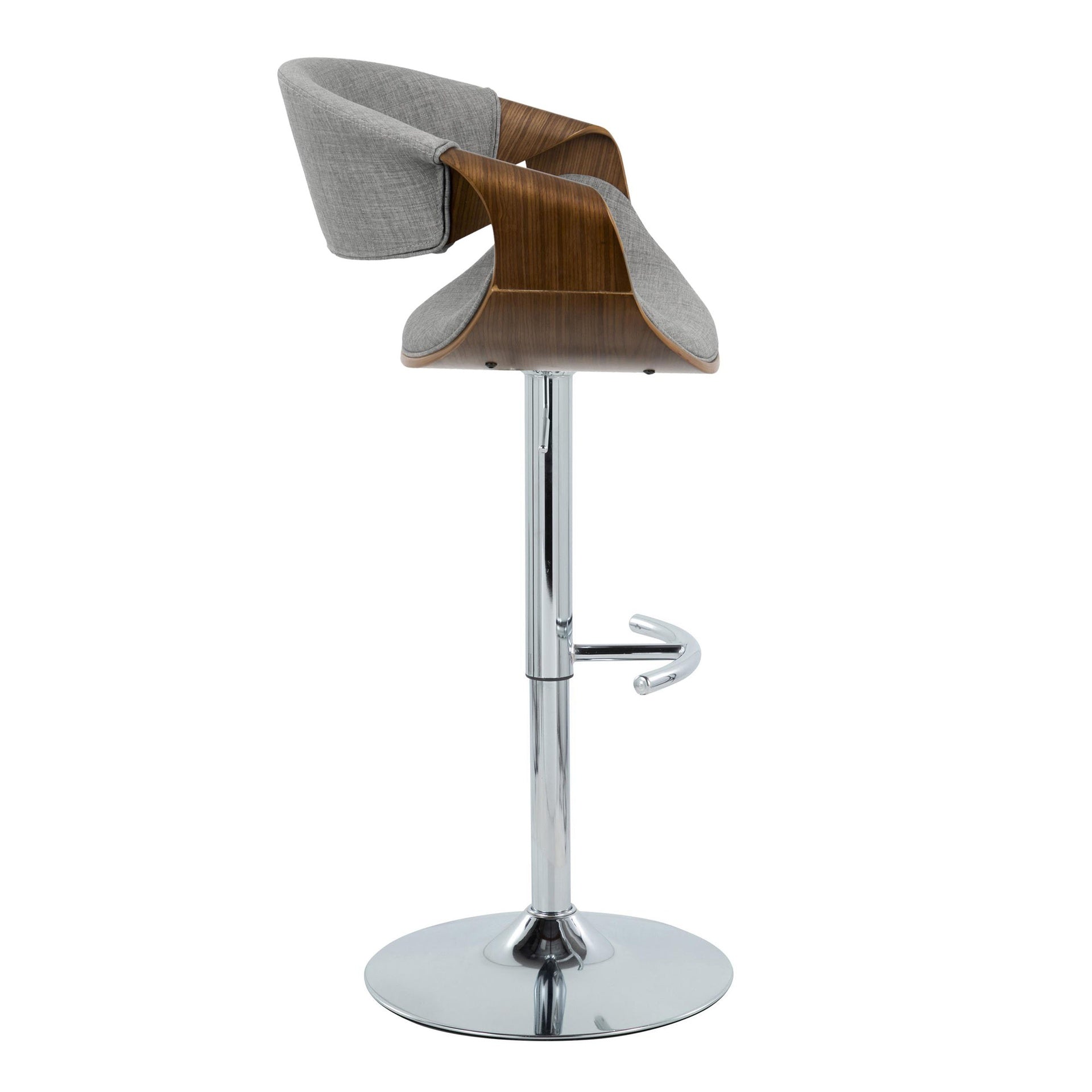 Curvo Mid-Century Modern Adjustable Barstool with Swivel in Chrome Metal, Walnut Wood and Light Grey Fabric with Rounded T Footrest by LumiSource - Set of 2