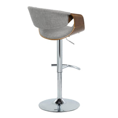 Curvo Mid-Century Modern Adjustable Barstool with Swivel in Chrome Metal, Walnut Wood and Light Grey Fabric with Rounded T Footrest by LumiSource - Set of 2