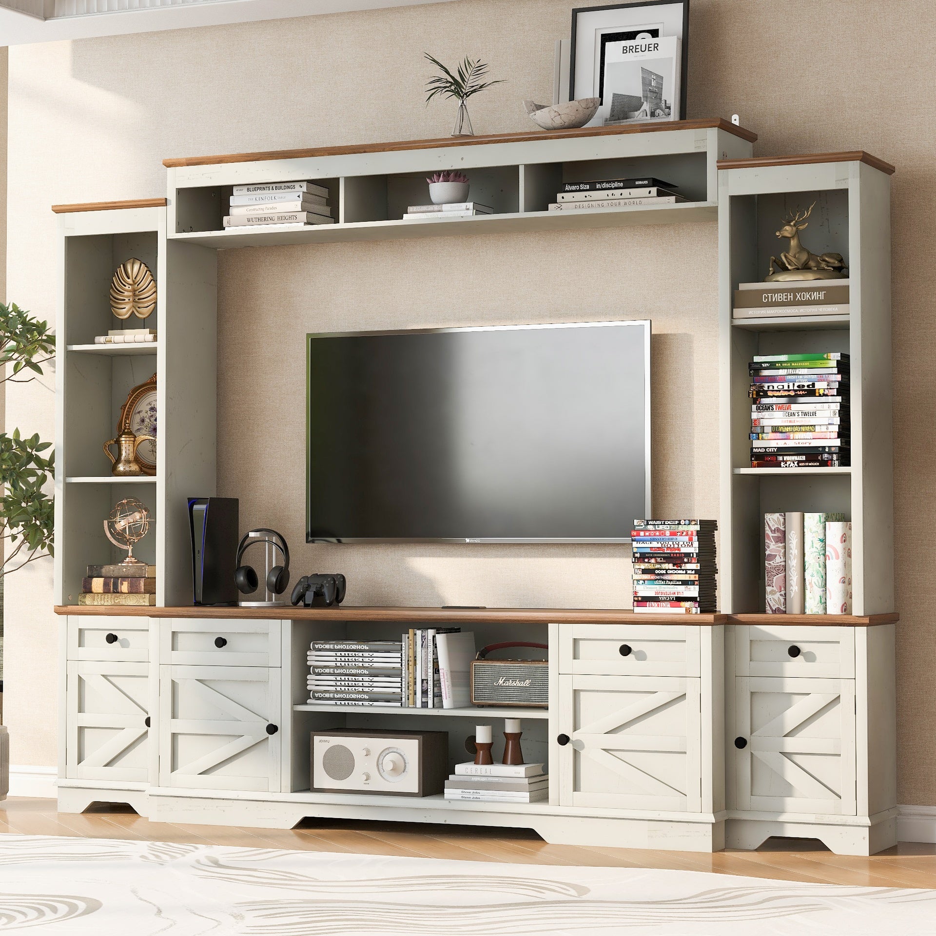 U-Can 98.8" W Wall Unit Entertainment Center with Bookshelves for TVs up to 80", Modern TV Stand Media Console with Cabinets and Adjustable Shelves for Living Room