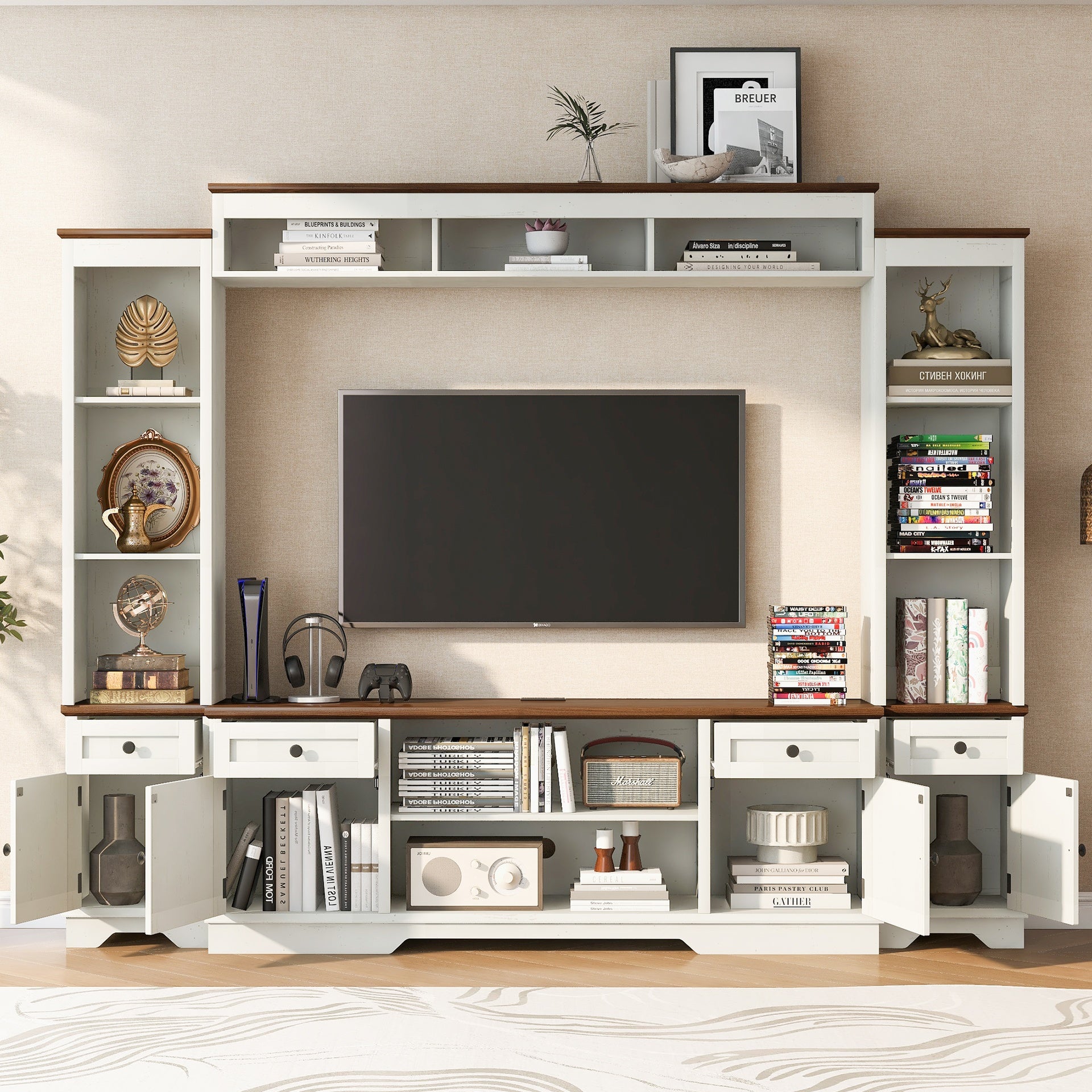 U-Can 98.8" W Wall Unit Entertainment Center with Bookshelves for TVs up to 80", Modern TV Stand Media Console with Cabinets and Adjustable Shelves for Living Room