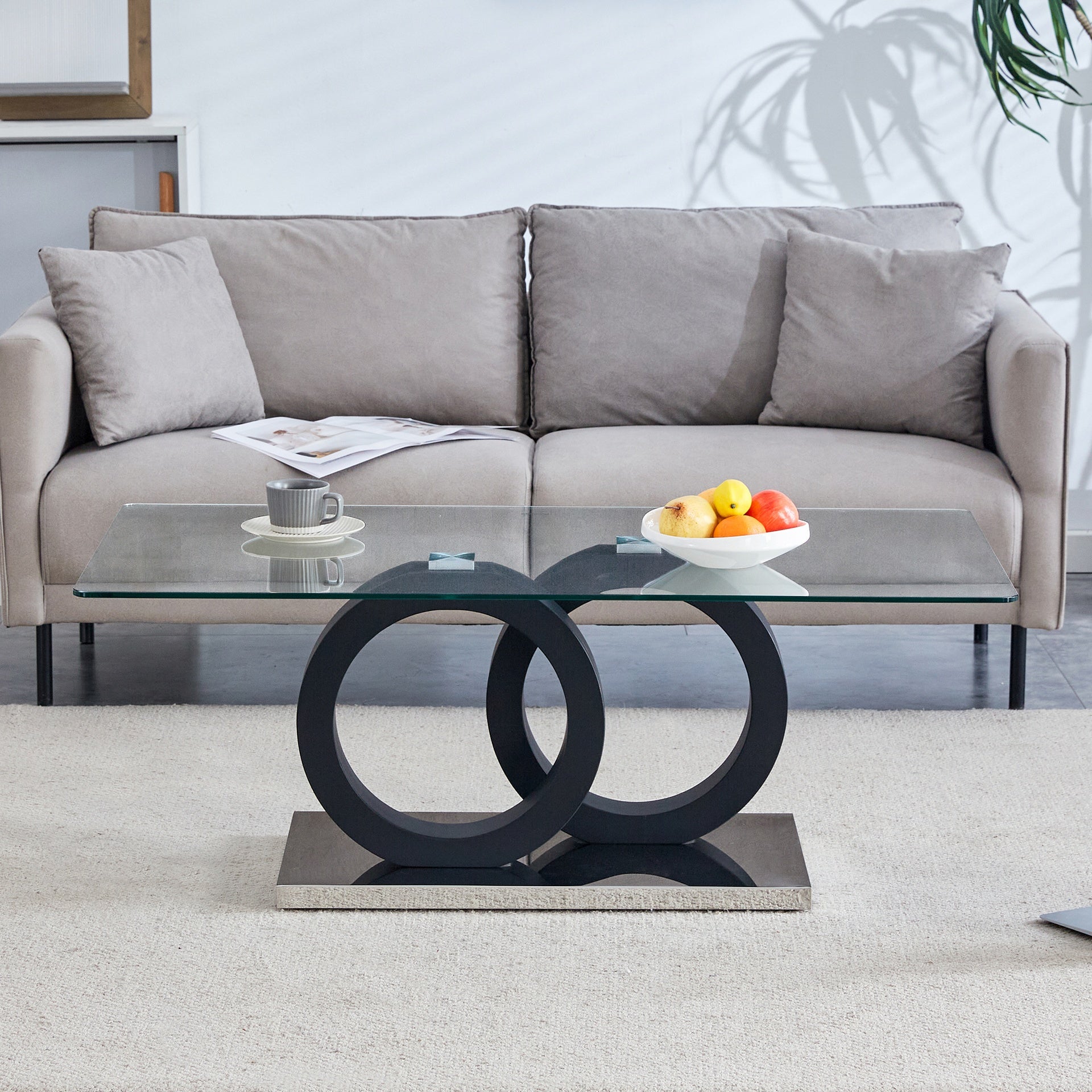 Modern Style Glass Top MDF Coffee Table with Black Base, Suitable for Living Rooms and Lounge Areas, with Product Dimensions of 47.2*25.6*17.8Inches.