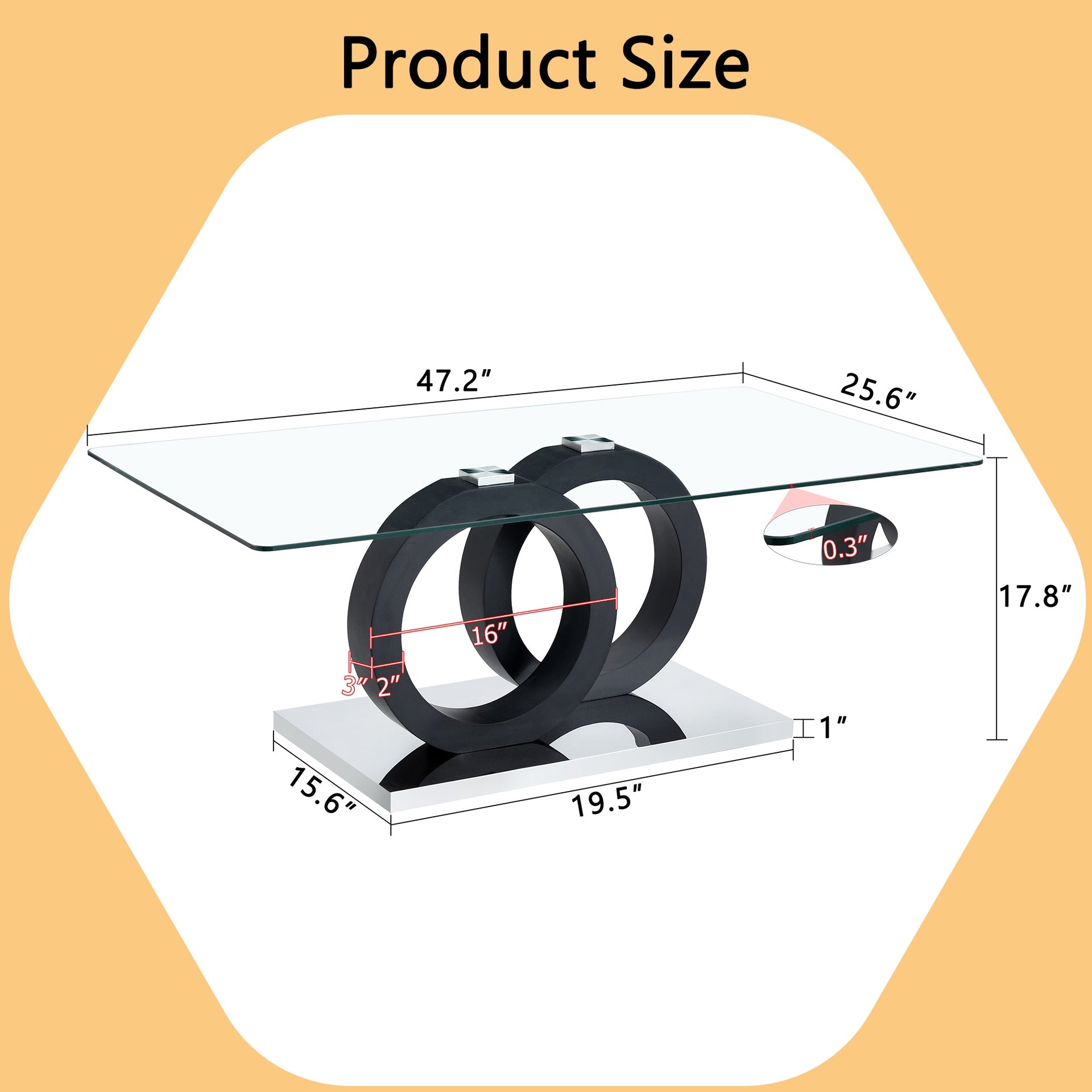 Modern Style Glass Top MDF Coffee Table with Black Base, Suitable for Living Rooms and Lounge Areas, with Product Dimensions of 47.2*25.6*17.8Inches.