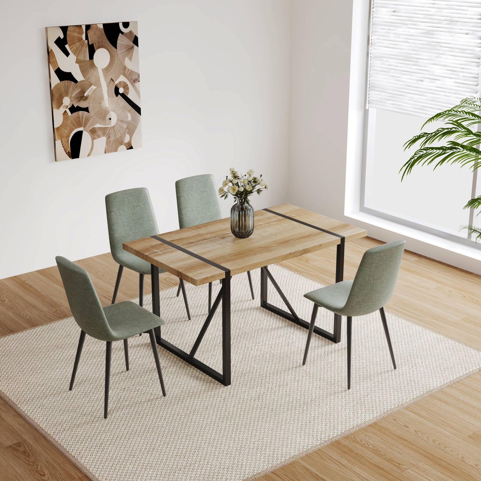 55" Dining Table modern rustic Industrial Rectangular MDF Wood Colour For 4-6 Person, With 1.5" Thick Engineered Wood Tabletop and Black Metal Legs, For writing DeskKitchen terrace Dining Living Room