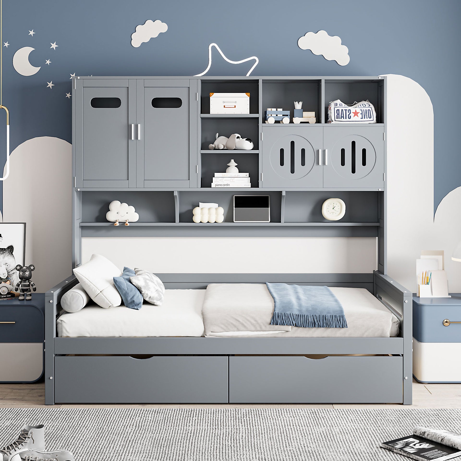 Twin Size Wooden Daybed With 2 Drawers, and All-in-One Cabinet and Shelf, Gray