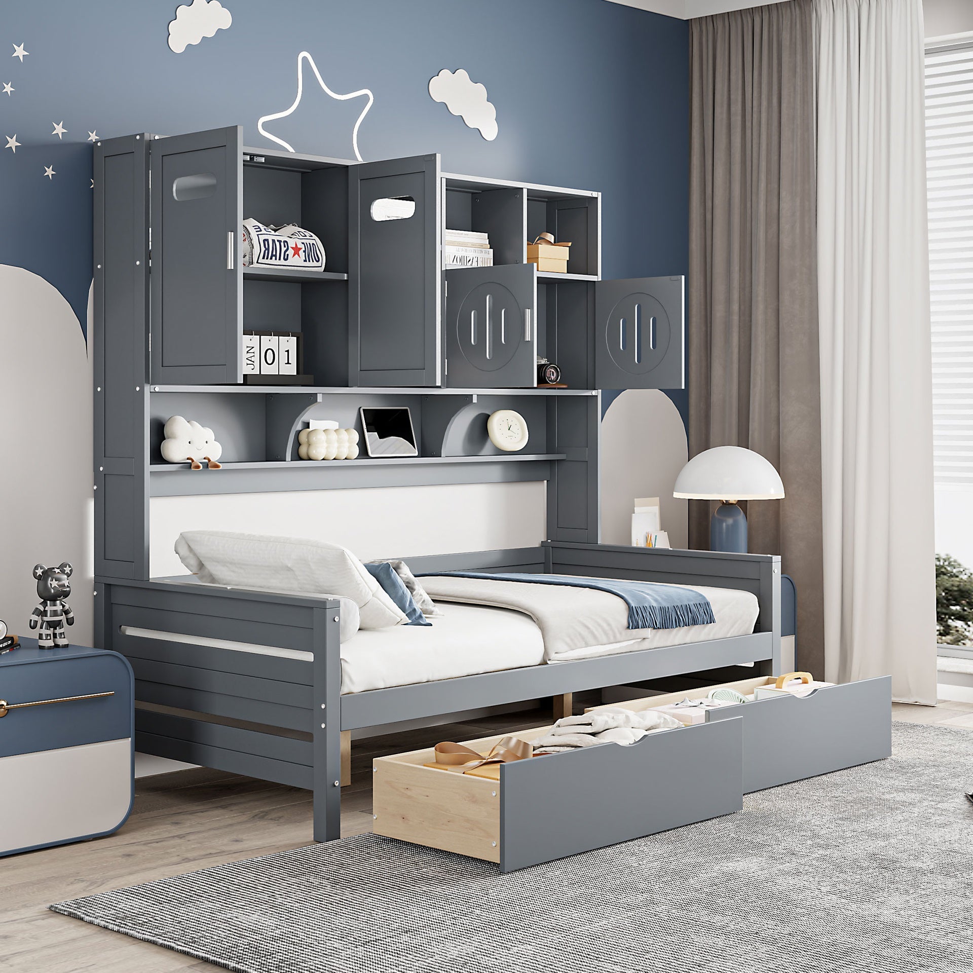 Twin Size Wooden Daybed With 2 Drawers, and All-in-One Cabinet and Shelf, Gray