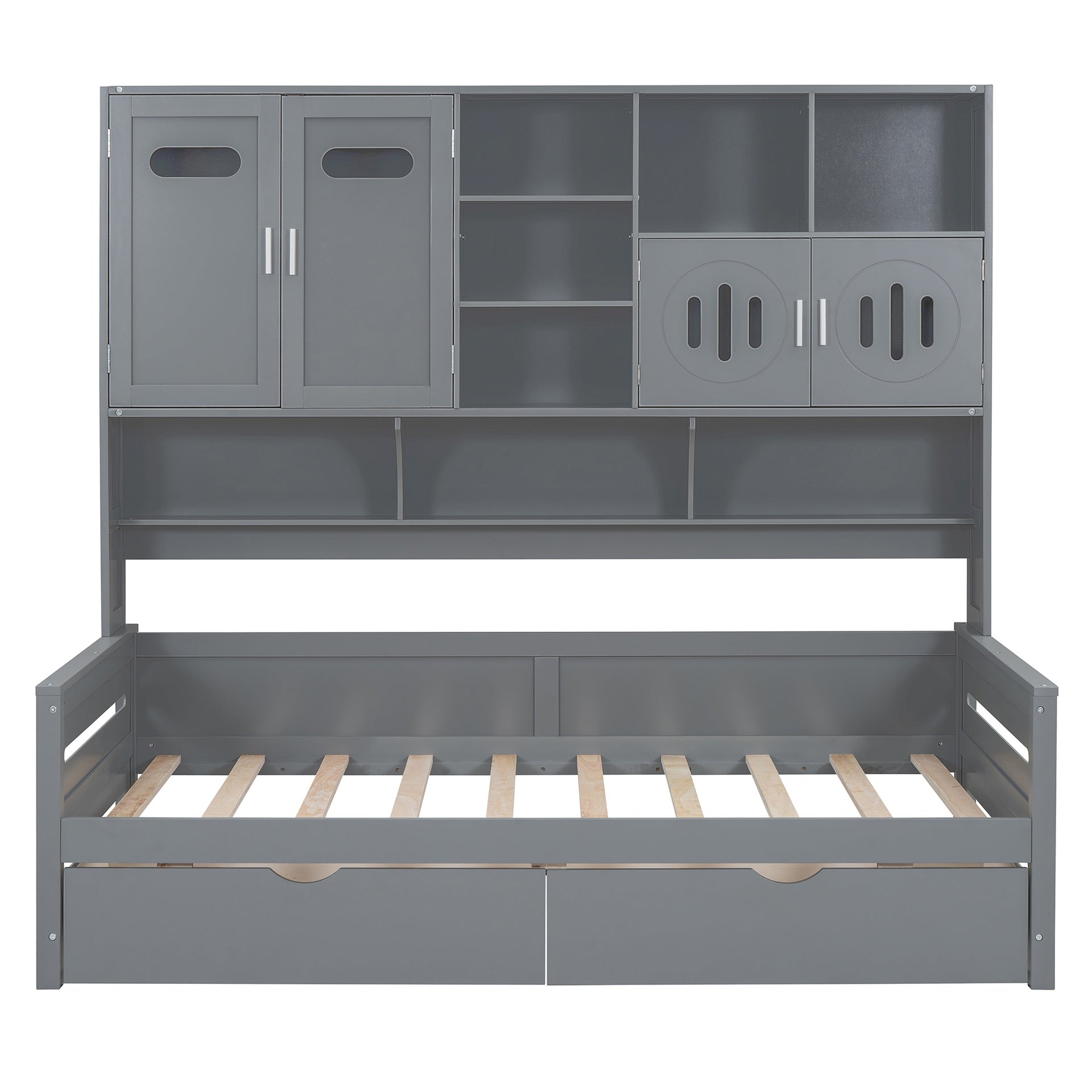Twin Size Wooden Daybed With 2 Drawers, and All-in-One Cabinet and Shelf, Gray