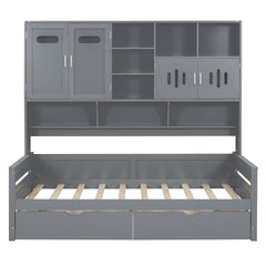 Twin Size Wooden Daybed With 2 Drawers, and All-in-One Cabinet and Shelf, Gray