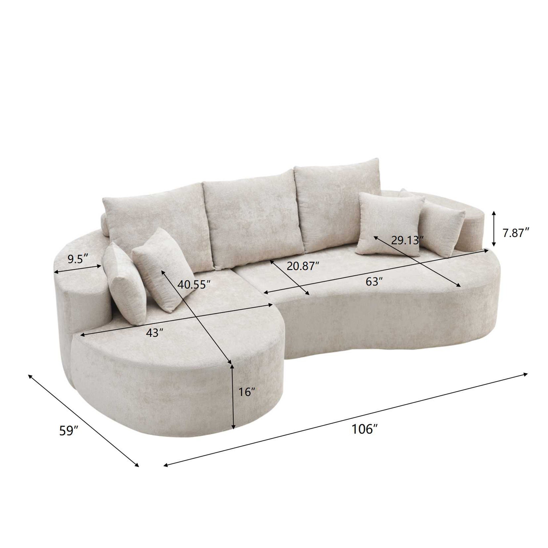 106 in. 2 - Piece Fabric Cloud Curved Sectional Chenille Sofa with Chaise For Living Room Bedroom Apartment -Silver Lining