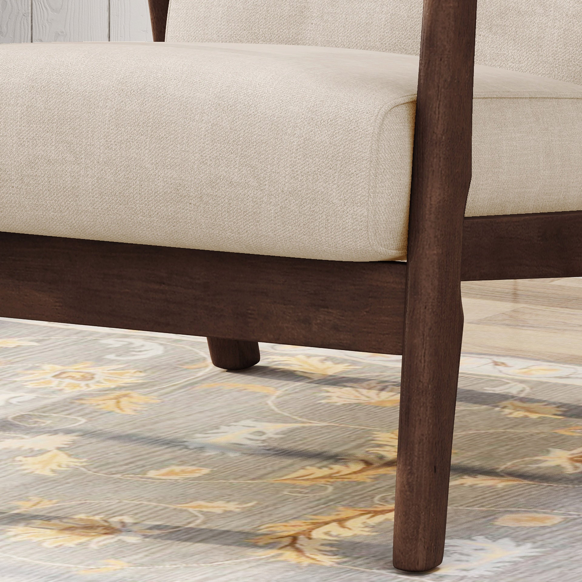 Mid-Century Modern Accent Chair, Tufted Armchair with Beige Upholstery and Brown Frame, 1-Piece