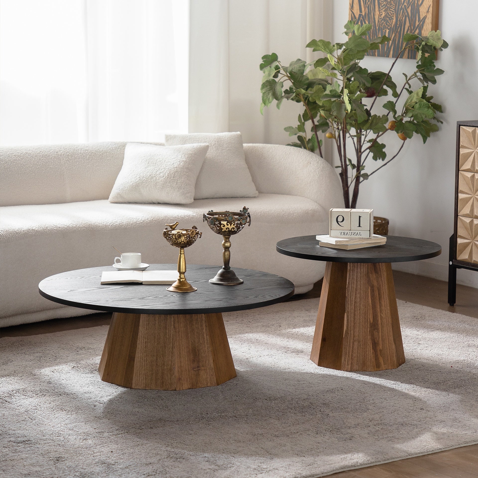 Round Coffee Table Sturdy Pedestal Wooden Tea Table for Living Room Easy to Assemble