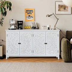 60"White Accent Cabinet with 4 Doors, Rustic Wood Sideboard Pantry Cabinet - Versatile Buffet Cabinet with Storage for Home Decor and Organization chic cabinet