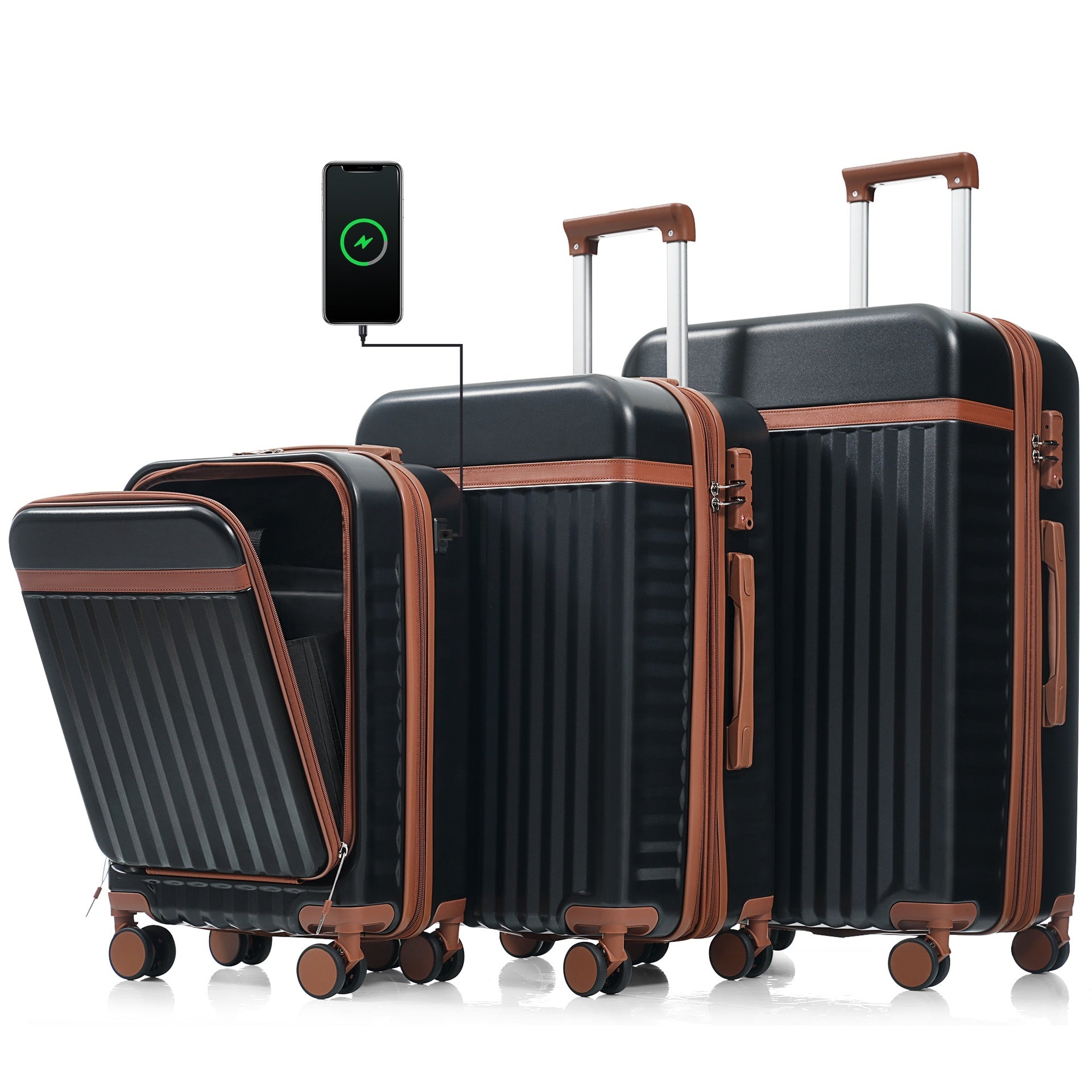 Luggage Set of 3, 20inch with USB Port, front opening design Airline Certified Carry on Luggage, ABS Hard Shell Luggage with Spinner Wheels,Black