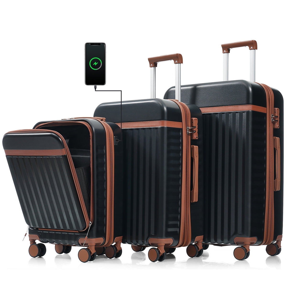 Luggage Set of 3, 20inch with USB Port, front opening design Airline Certified Carry on Luggage, ABS Hard Shell Luggage with Spinner Wheels,Black