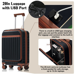 Luggage Set of 3, 20inch with USB Port, front opening design Airline Certified Carry on Luggage, ABS Hard Shell Luggage with Spinner Wheels,Black