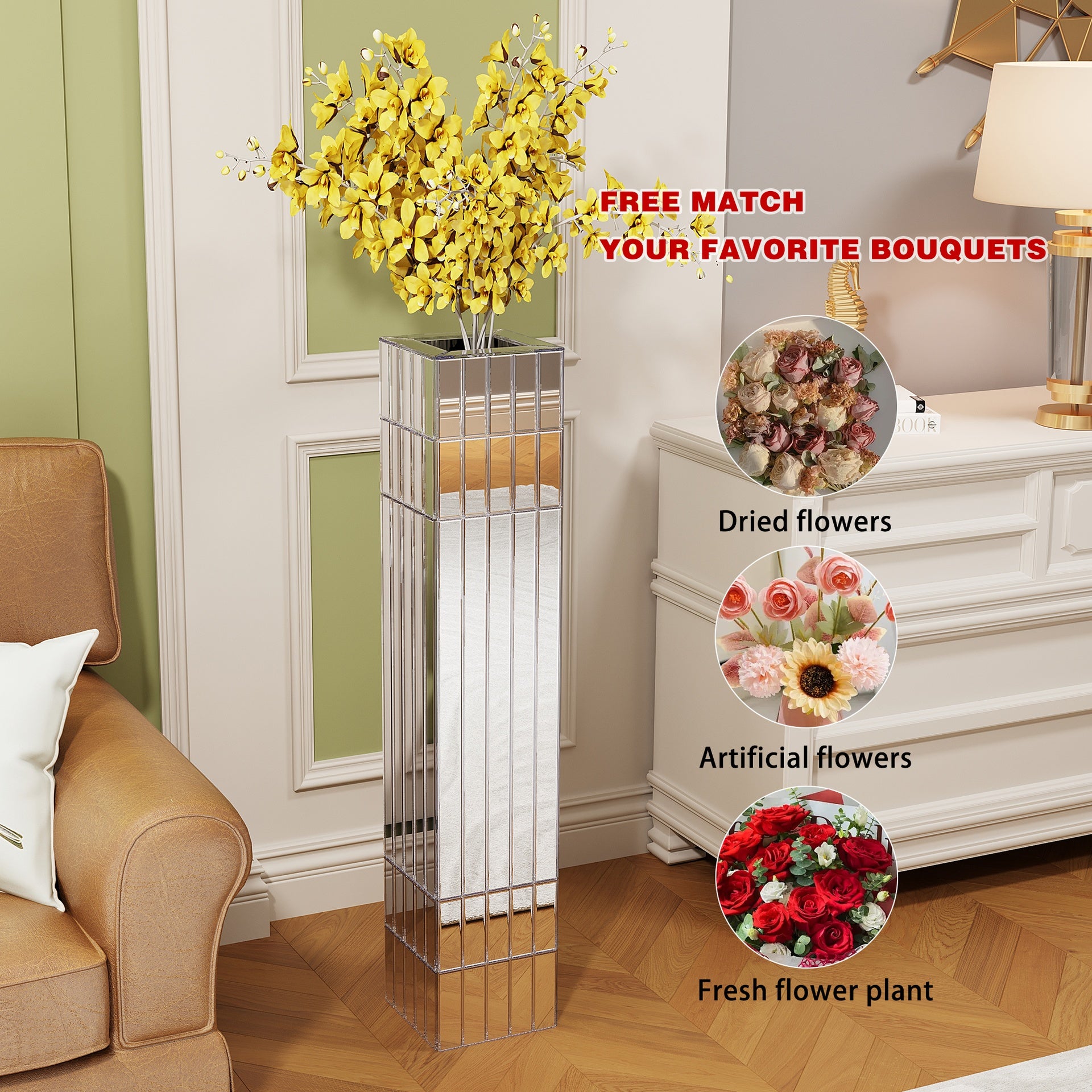 36.02"(91.5cm)Tall Mirrored Floor Vase, Silver Big Vases for Decor Living Room, Home Decorative Vases for Dried Flower