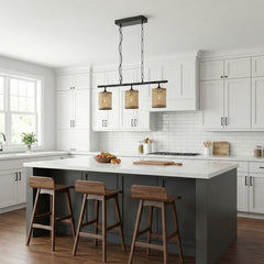 Elysian Three Lights Island With Natural Rattan Shade Farmhouse Chain Ceiling Lamp