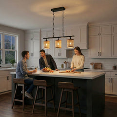 Elysian Three Lights Island With Natural Rattan Shade Farmhouse Chain Ceiling Lamp