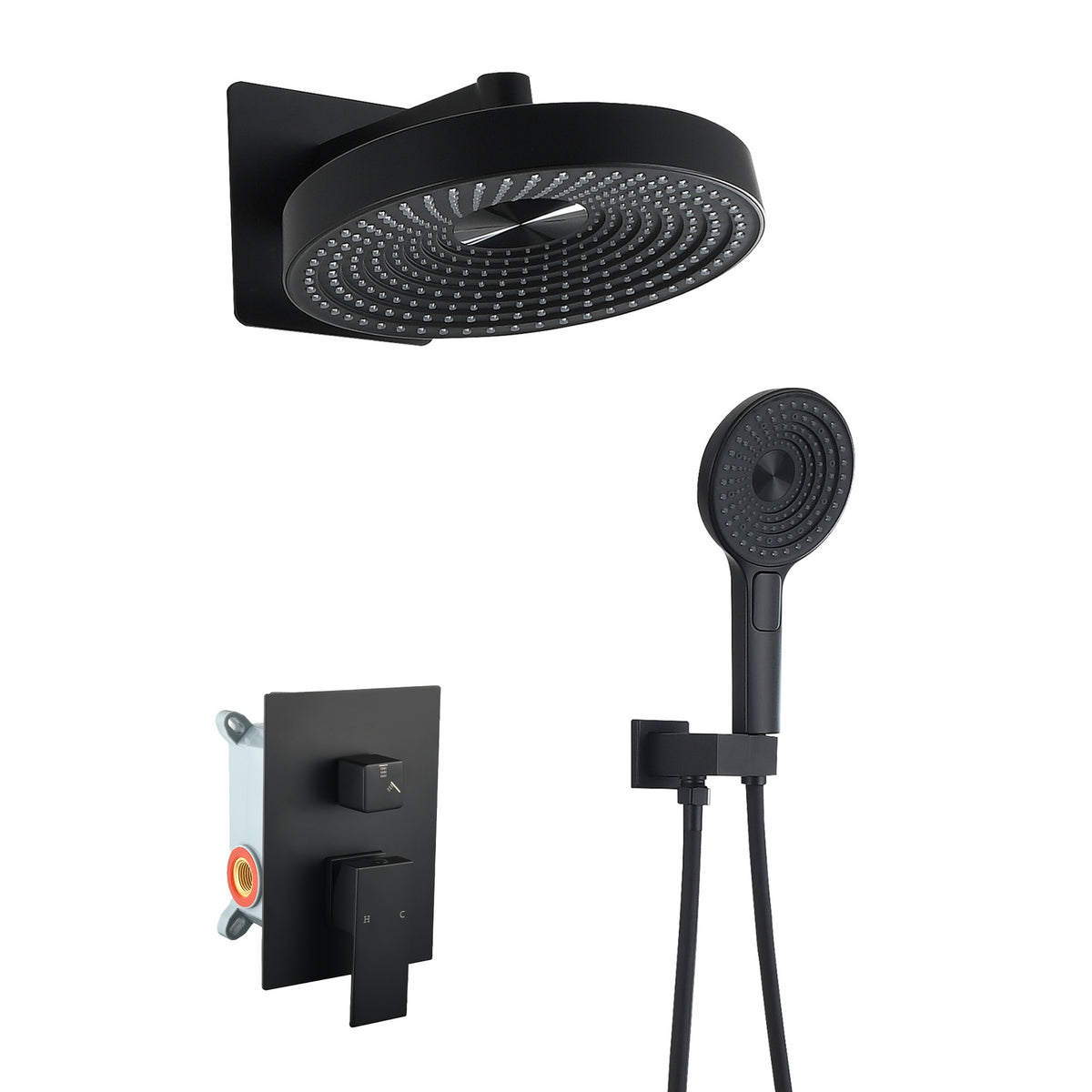 Modern Minimalist Concealed Shower System 2-Function Set - Solid Brass Control Valve, ABS Overhead & Handheld Shower with Self-Cleaning Silicone Nozzles