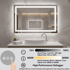 60 x 36 Inch LED Bathroom Mirror with Front and Backlight, Wall Mounted Vanity Mirror, Anti-Fog, Memory, 3 Colors, Stepless Dimmable