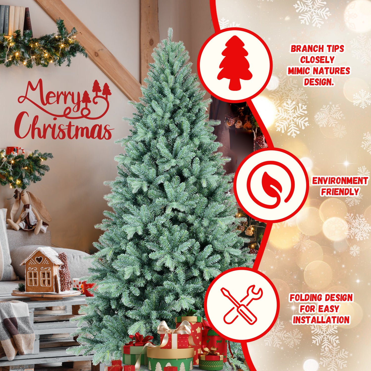 9FT Blue-Green Tint  PE/PVC Christmas Tree – 3268 Tips, Hinged Branch Design, Full Natural Look, Stable Metal Stand, Easy to Assemble Holiday Decoration