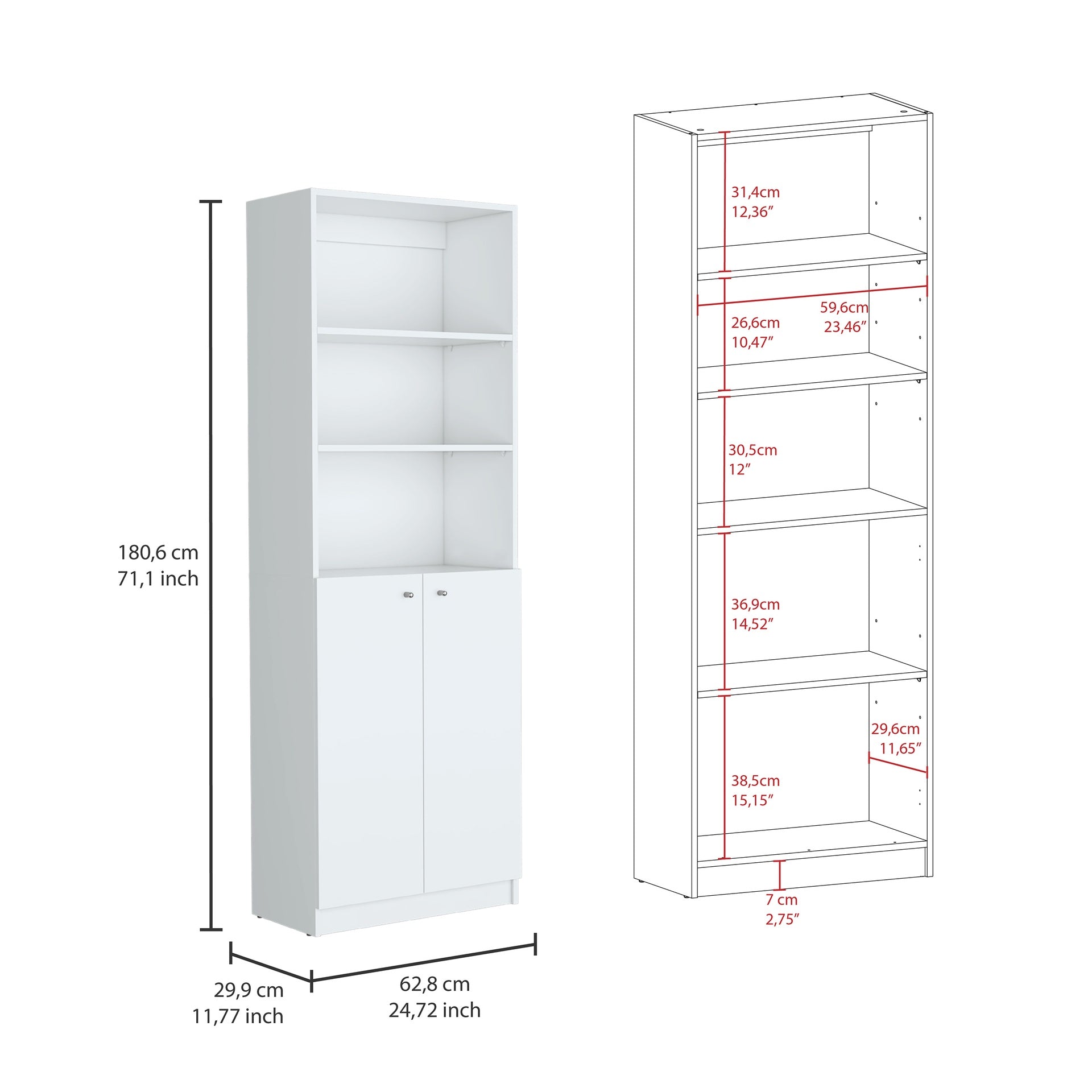 Emery 3 Piece Living Room Set with 3 Bookcases, White
