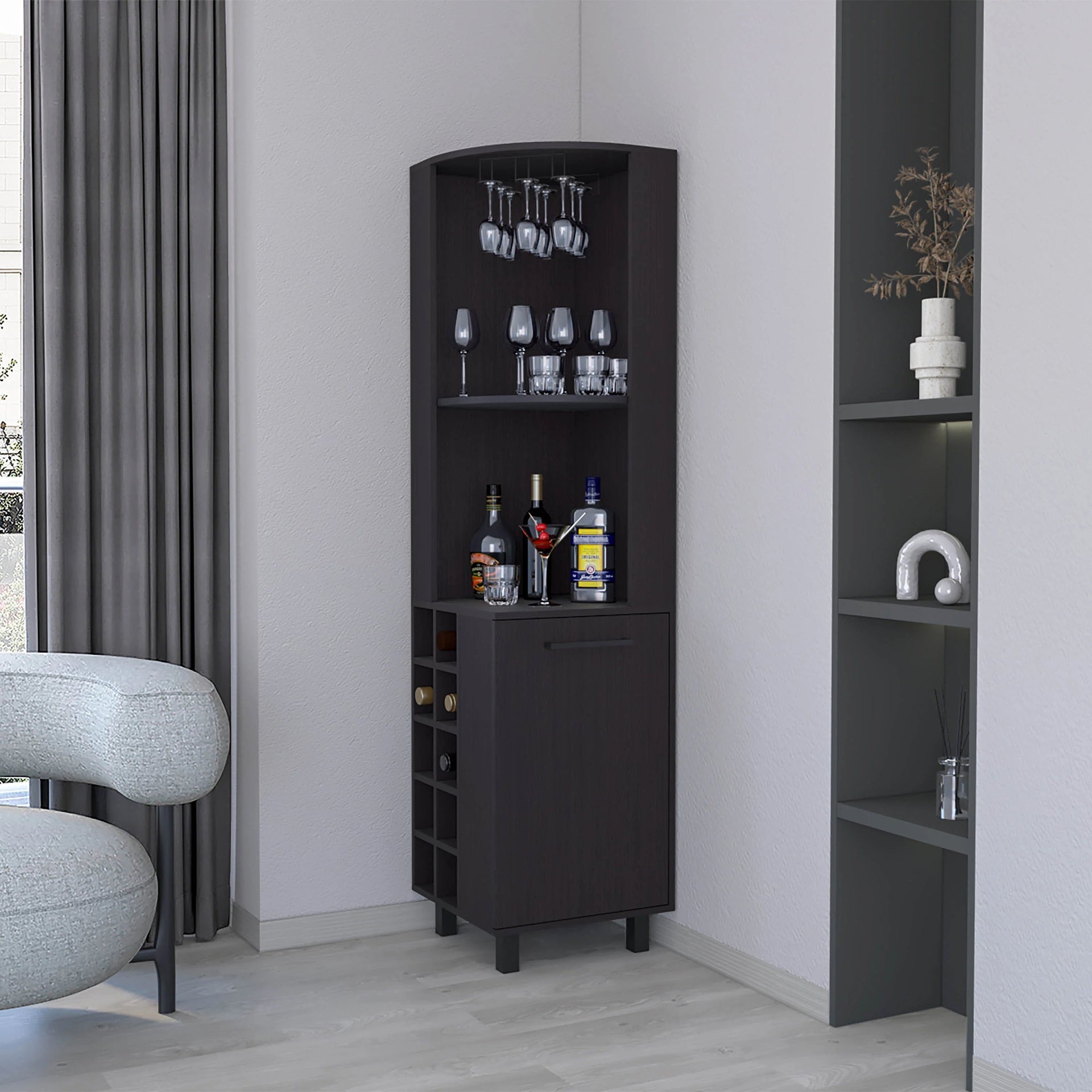 Wengue Corner Bar Cabinet with Glass Holder and Wine Rack