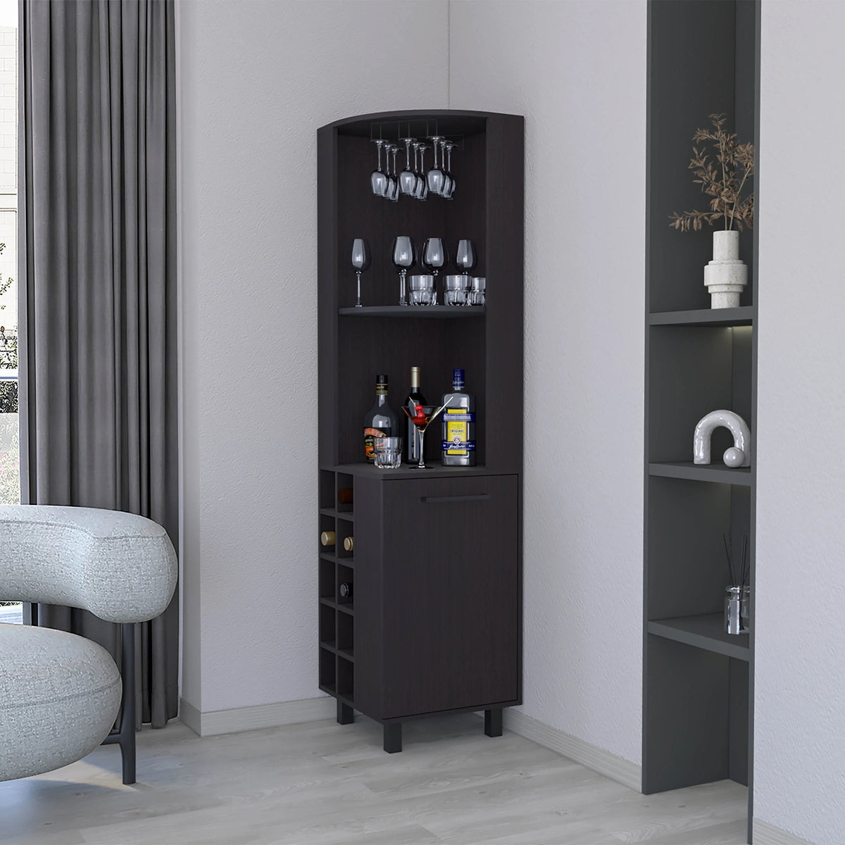 Wengue Corner Bar Cabinet with Glass Holder and Wine Rack