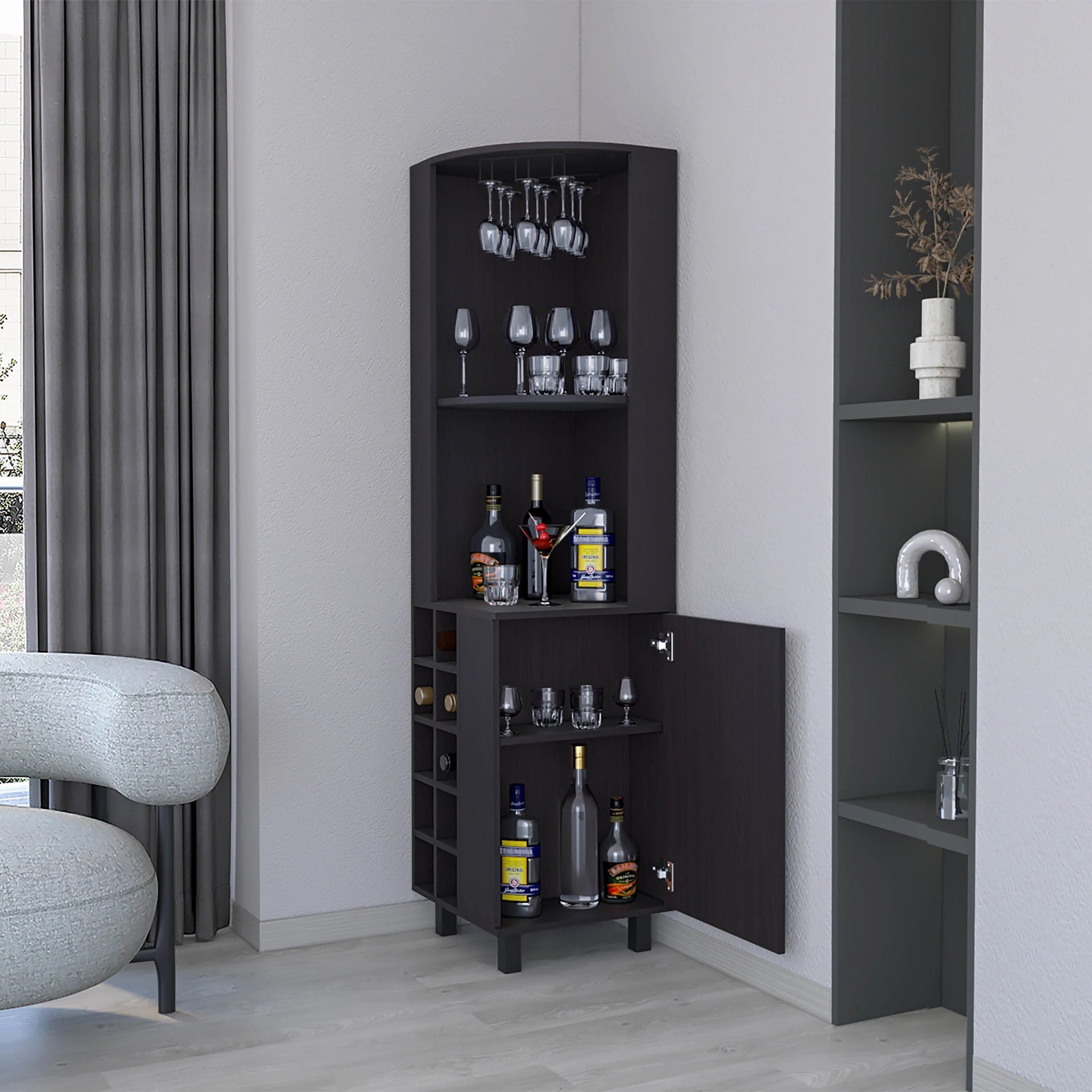 Wengue Corner Bar Cabinet with Glass Holder and Wine Rack