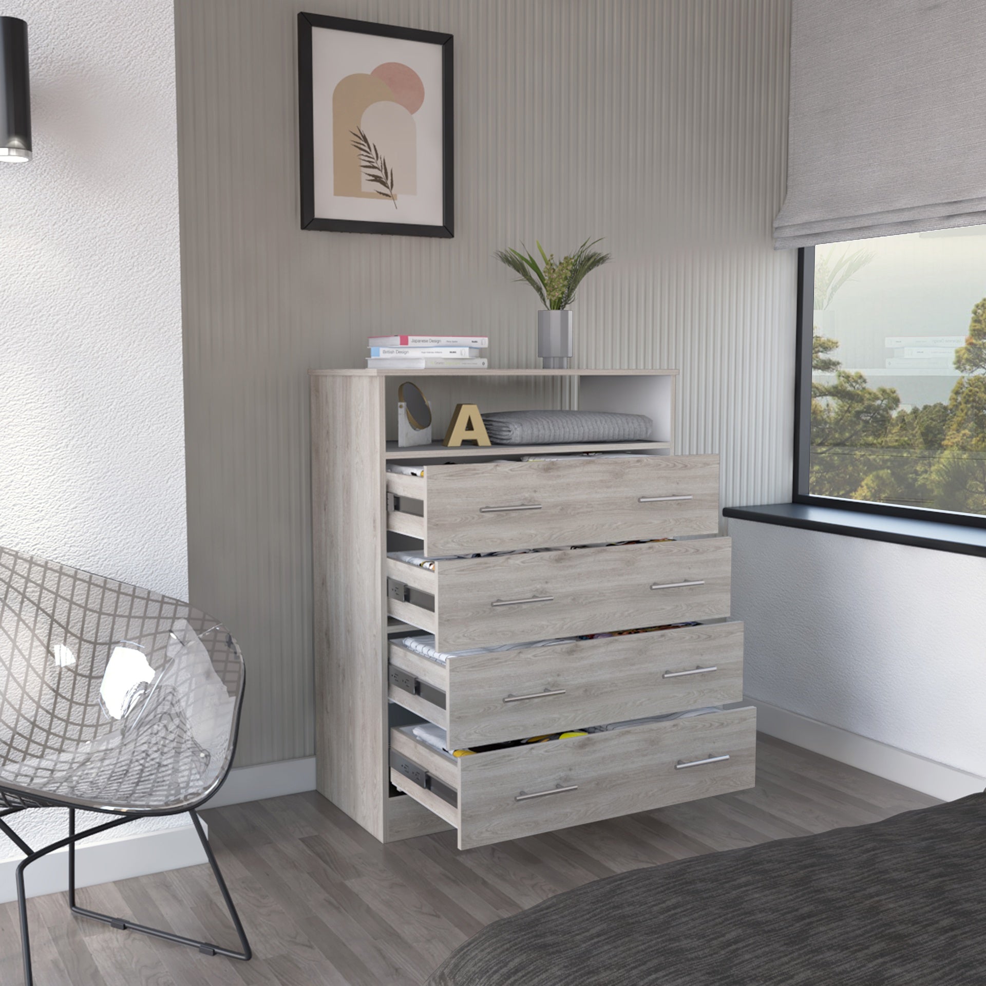 Four Drawer Dresser Wuju, Bedroom, Light Gray / White