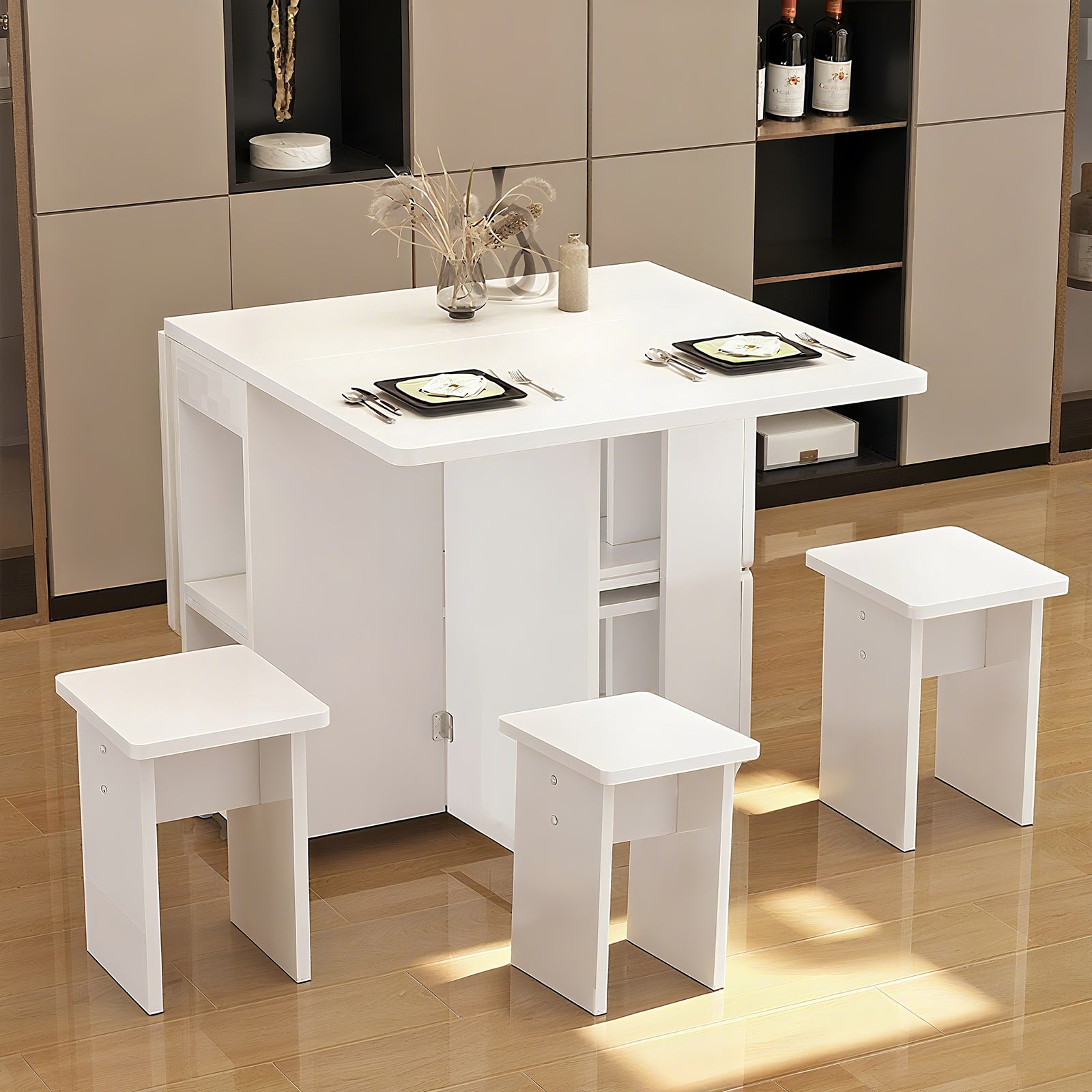 Folding Drop Leaf Dining Table Set for 4 with 4 Chairs, Space Saving Foldable Dining Table with Storage and 6 Wheels, 47.2 inch D x 23.6 inch W x 30.3 inch H, White