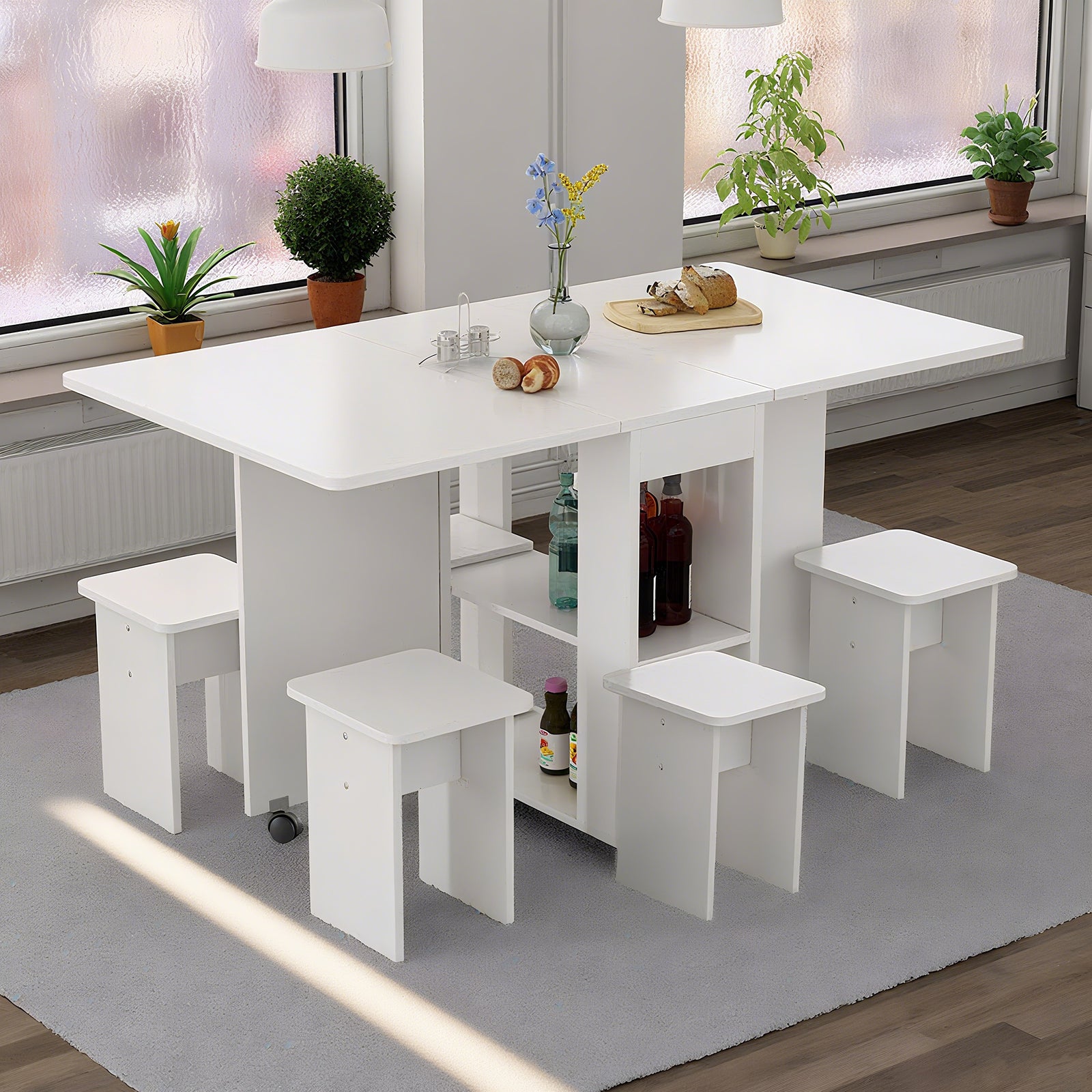 Folding Drop Leaf Dining Table Set for 4 with 4 Chairs, Space Saving Foldable Dining Table with Storage and 6 Wheels, 47.2 inch D x 23.6 inch W x 30.3 inch H, White
