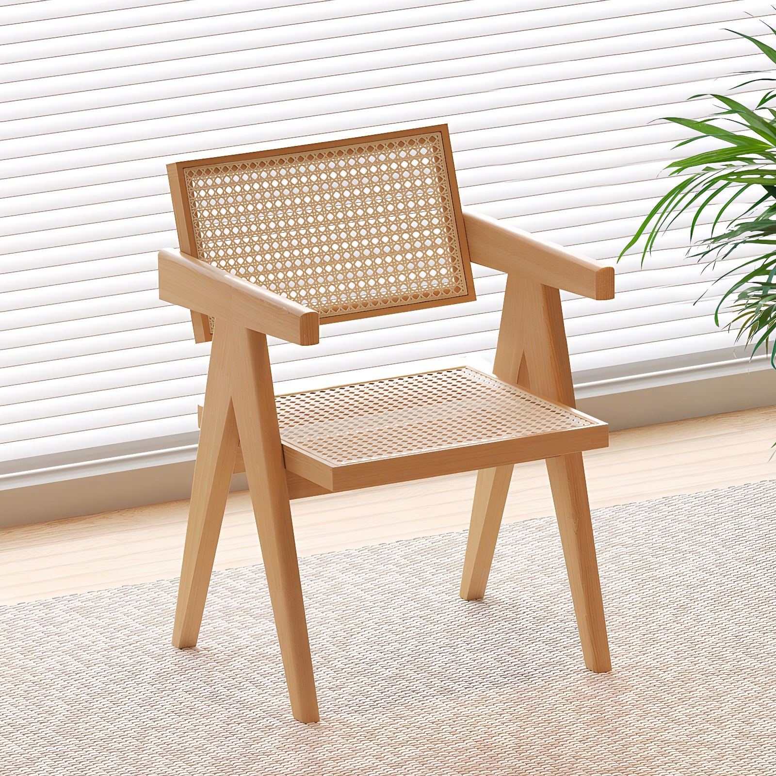 Modern Mid Century Dining Chair, Rattan Accent Chairs, Comfy Armchairs, Outdoor Wood Chairs with Armrest for Bedroom Living Room Reading Room Dining Kitchen, Wood
