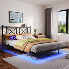 Queen Size Floating Bed Frame with Headboard and Storage, Full Size Platform Bed Frame with USB Charging Station and LED Lights, Heavy Duty Steel Slats, Easy Assembly, Black