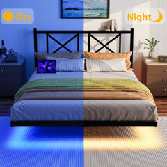 Queen Size Floating Bed Frame with Headboard and Storage, Full Size Platform Bed Frame with USB Charging Station and LED Lights, Heavy Duty Steel Slats, Easy Assembly, Black