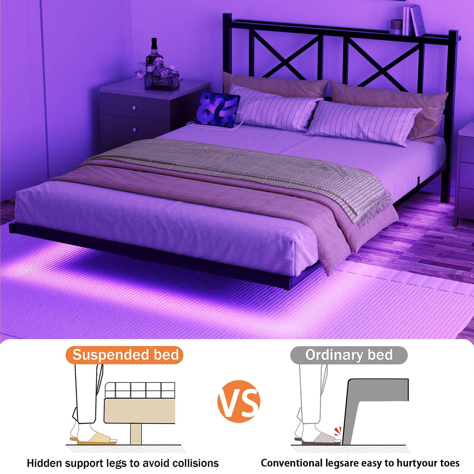 Queen Size Floating Bed Frame with Headboard and Storage, Full Size Platform Bed Frame with USB Charging Station and LED Lights, Heavy Duty Steel Slats, Easy Assembly, Black