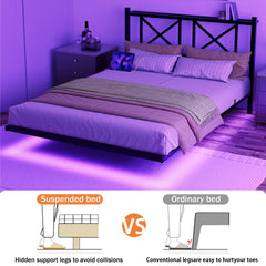 Queen Size Floating Bed Frame with Headboard and Storage, Full Size Platform Bed Frame with USB Charging Station and LED Lights, Heavy Duty Steel Slats, Easy Assembly, Black