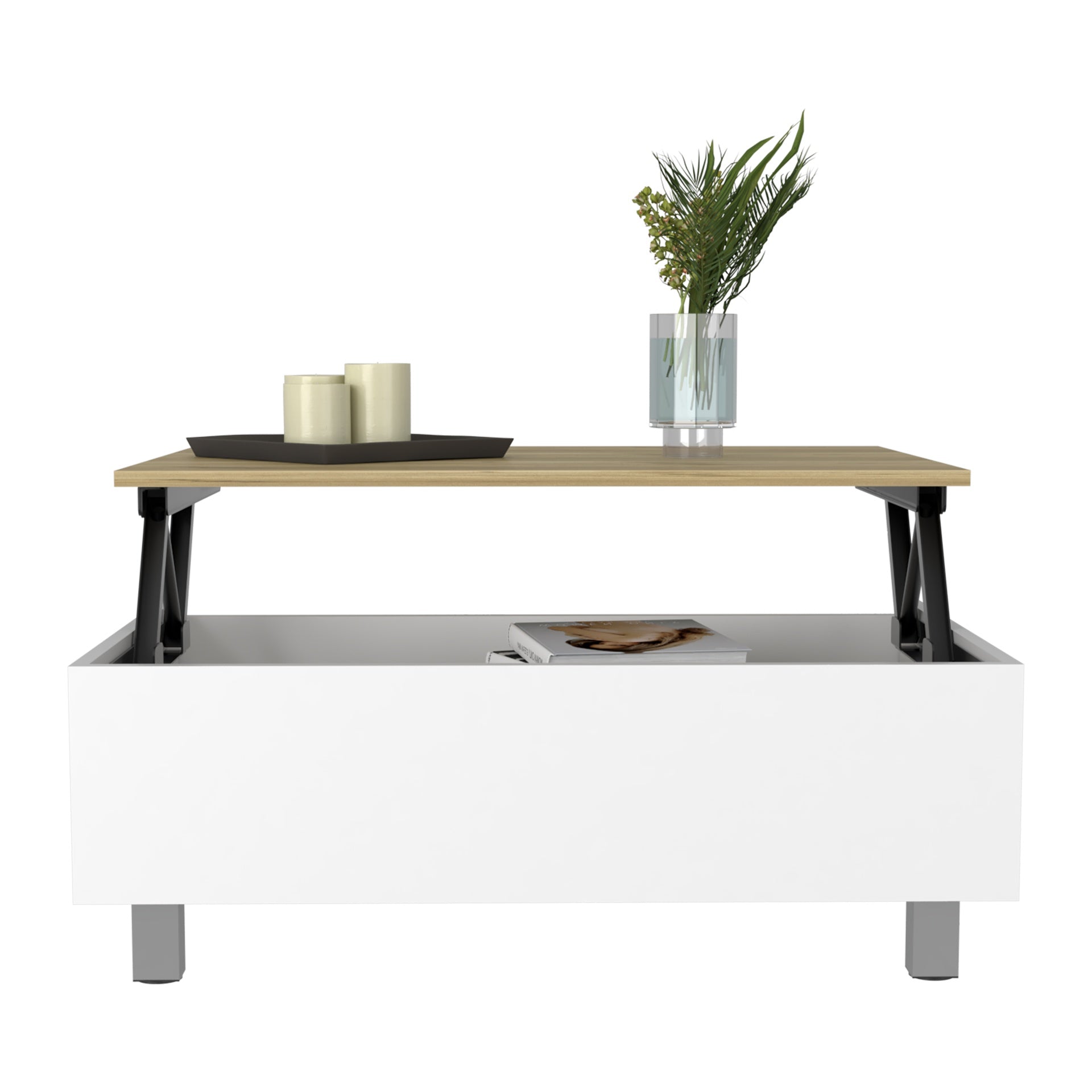Lift Top Coffee Annapolis, Storage Compartment, White / Light Oak Finish